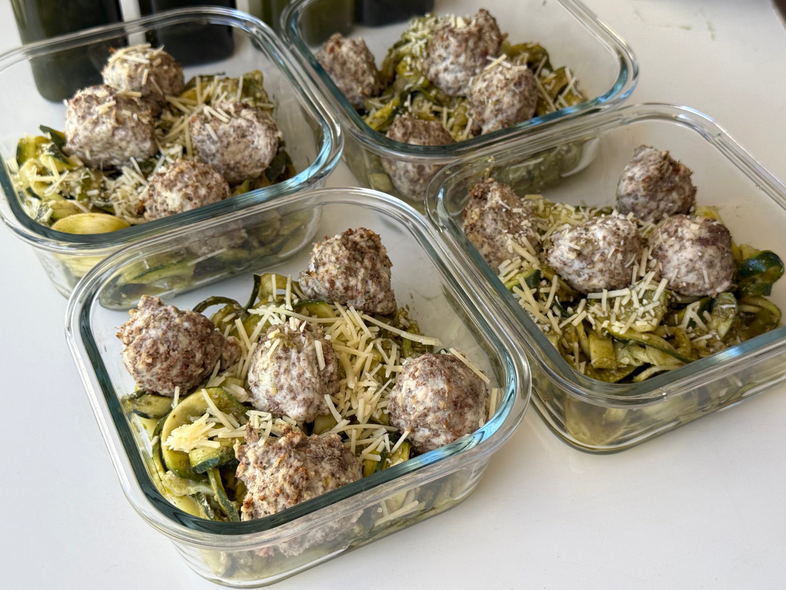 Chicken Meatballs with Pesto Zucchini Noodles with Greens